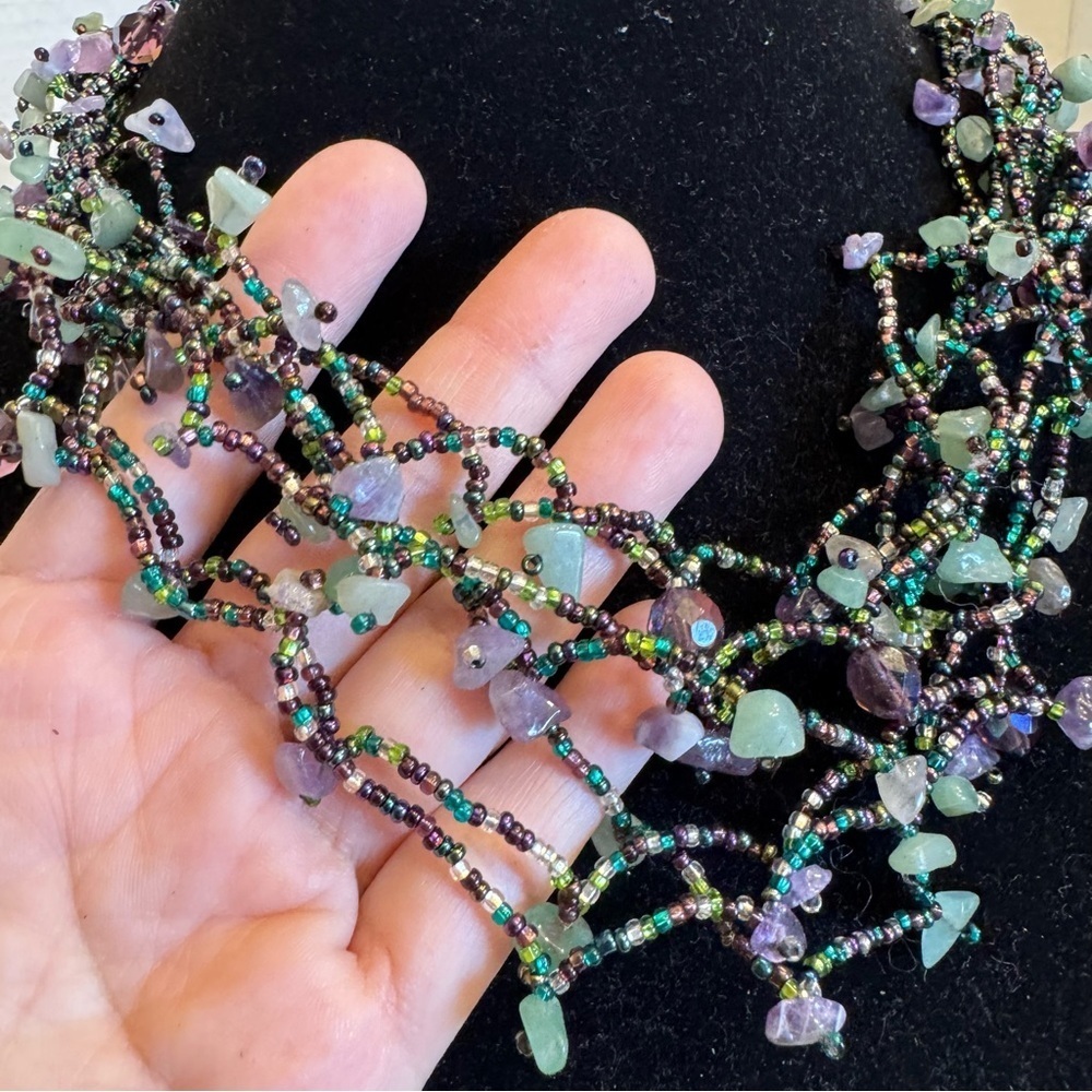 Beaded Amethyst Jadeite Semi Precious Gemstones Necklace Multi Strand Statement